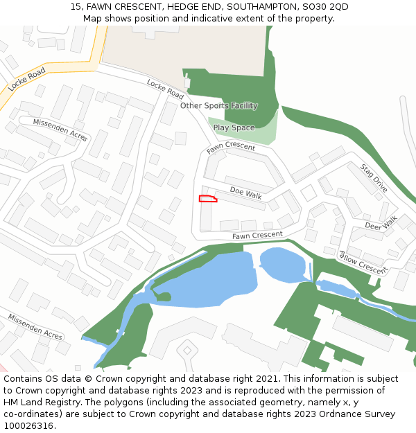 15, FAWN CRESCENT, HEDGE END, SOUTHAMPTON, SO30 2QD: Location map and indicative extent of plot