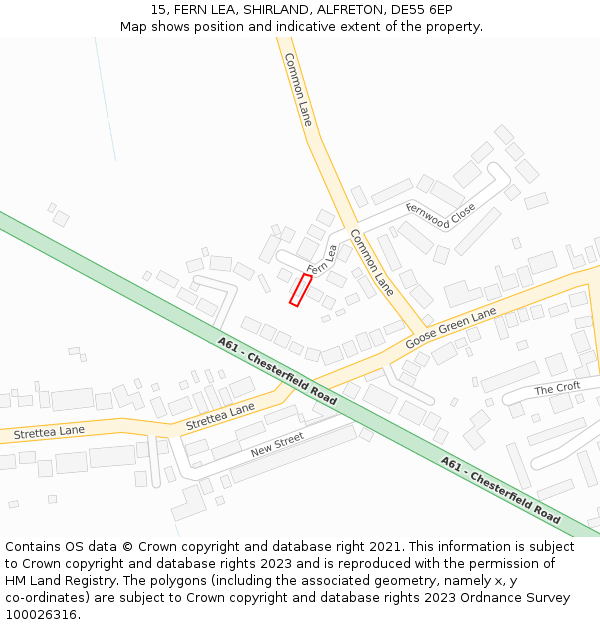 15, FERN LEA, SHIRLAND, ALFRETON, DE55 6EP: Location map and indicative extent of plot