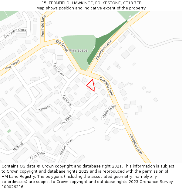 15, FERNFIELD, HAWKINGE, FOLKESTONE, CT18 7EB: Location map and indicative extent of plot