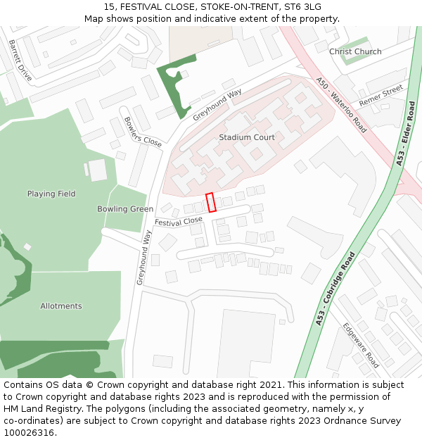 15, FESTIVAL CLOSE, STOKE-ON-TRENT, ST6 3LG: Location map and indicative extent of plot