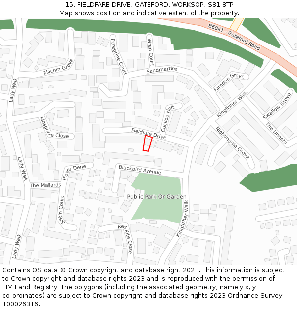 15, FIELDFARE DRIVE, GATEFORD, WORKSOP, S81 8TP: Location map and indicative extent of plot