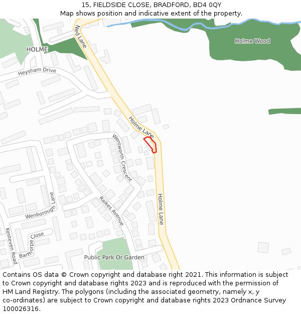 15, FIELDSIDE CLOSE, BRADFORD, BD4 0QY: Location map and indicative extent of plot