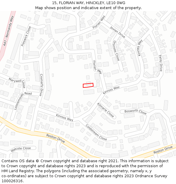 15, FLORIAN WAY, HINCKLEY, LE10 0WG: Location map and indicative extent of plot
