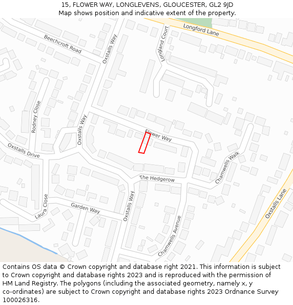 15, FLOWER WAY, LONGLEVENS, GLOUCESTER, GL2 9JD: Location map and indicative extent of plot