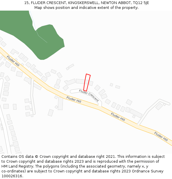 15, FLUDER CRESCENT, KINGSKERSWELL, NEWTON ABBOT, TQ12 5JE: Location map and indicative extent of plot