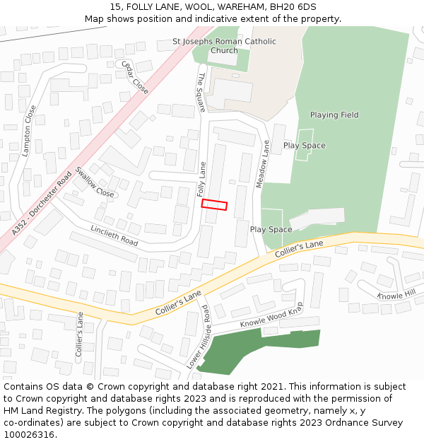 15, FOLLY LANE, WOOL, WAREHAM, BH20 6DS: Location map and indicative extent of plot