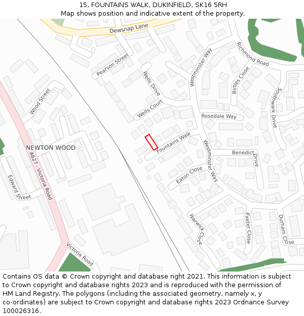 15, FOUNTAINS WALK, DUKINFIELD, SK16 5RH: Location map and indicative extent of plot