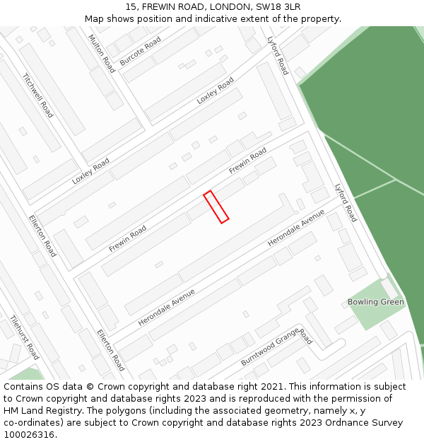 15, FREWIN ROAD, LONDON, SW18 3LR: Location map and indicative extent of plot