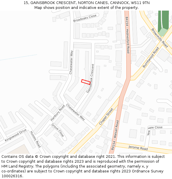 15, GAINSBROOK CRESCENT, NORTON CANES, CANNOCK, WS11 9TN: Location map and indicative extent of plot