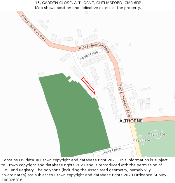 15, GARDEN CLOSE, ALTHORNE, CHELMSFORD, CM3 6BP: Location map and indicative extent of plot