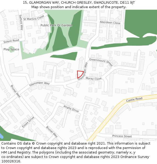 15, GLAMORGAN WAY, CHURCH GRESLEY, SWADLINCOTE, DE11 9JT: Location map and indicative extent of plot