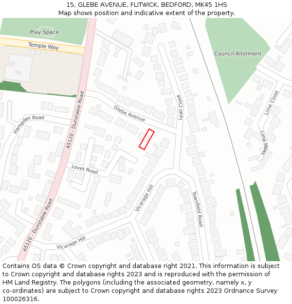15, GLEBE AVENUE, FLITWICK, BEDFORD, MK45 1HS: Location map and indicative extent of plot