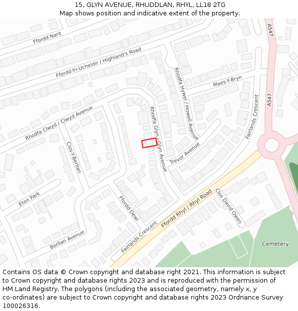 15, GLYN AVENUE, RHUDDLAN, RHYL, LL18 2TG: Location map and indicative extent of plot