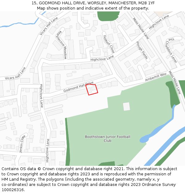 15, GODMOND HALL DRIVE, WORSLEY, MANCHESTER, M28 1YF: Location map and indicative extent of plot