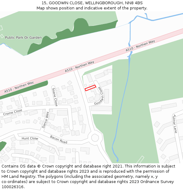 15, GOODWIN CLOSE, WELLINGBOROUGH, NN8 4BS: Location map and indicative extent of plot