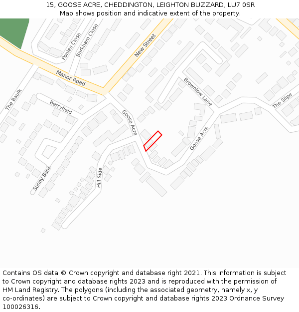 15, GOOSE ACRE, CHEDDINGTON, LEIGHTON BUZZARD, LU7 0SR: Location map and indicative extent of plot