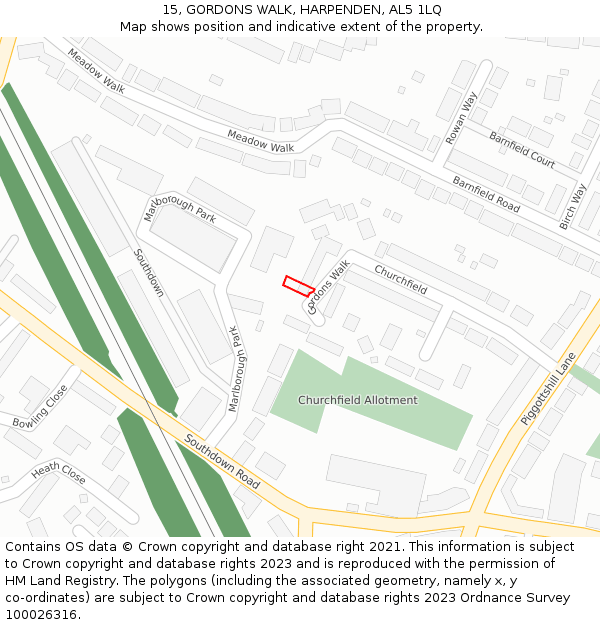 15, GORDONS WALK, HARPENDEN, AL5 1LQ: Location map and indicative extent of plot