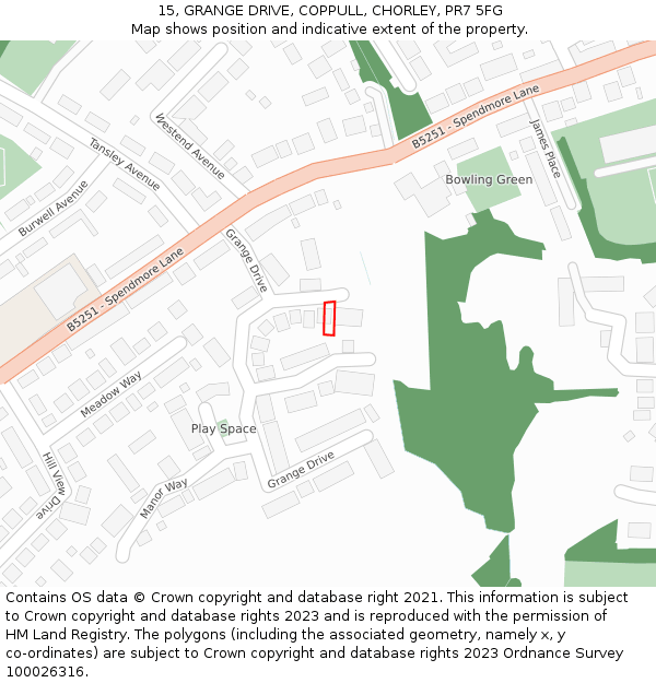 15, GRANGE DRIVE, COPPULL, CHORLEY, PR7 5FG: Location map and indicative extent of plot