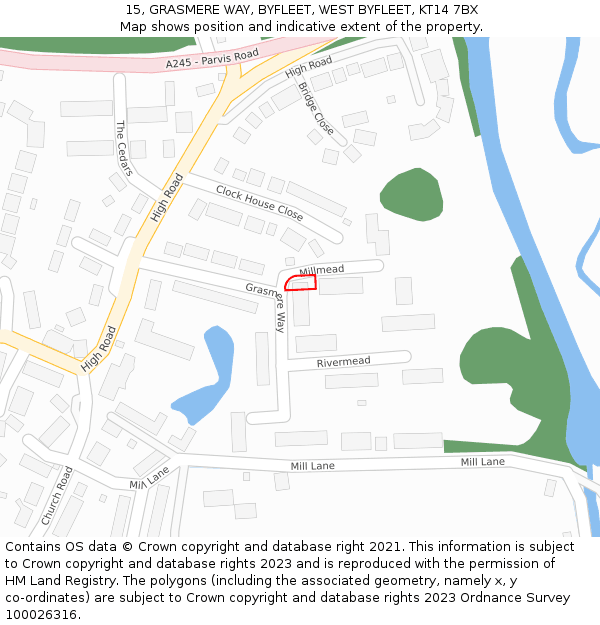 15, GRASMERE WAY, BYFLEET, WEST BYFLEET, KT14 7BX: Location map and indicative extent of plot