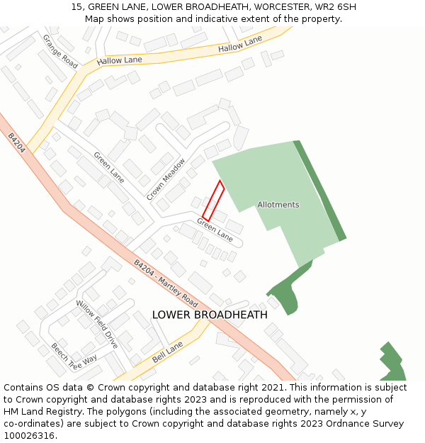 15, GREEN LANE, LOWER BROADHEATH, WORCESTER, WR2 6SH: Location map and indicative extent of plot