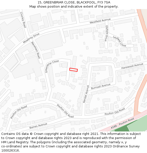 15, GREENBRIAR CLOSE, BLACKPOOL, FY3 7SA: Location map and indicative extent of plot