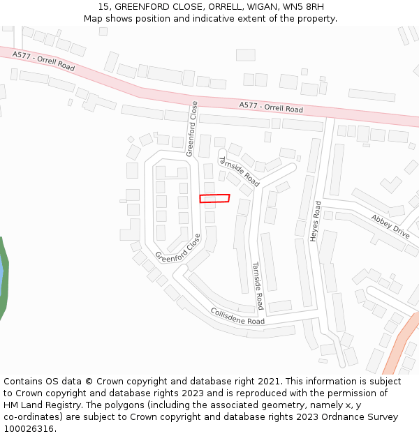 15, GREENFORD CLOSE, ORRELL, WIGAN, WN5 8RH: Location map and indicative extent of plot