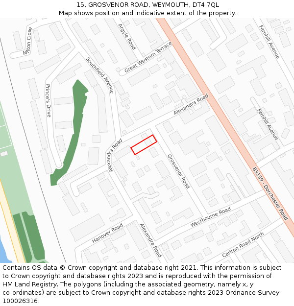 15, GROSVENOR ROAD, WEYMOUTH, DT4 7QL: Location map and indicative extent of plot