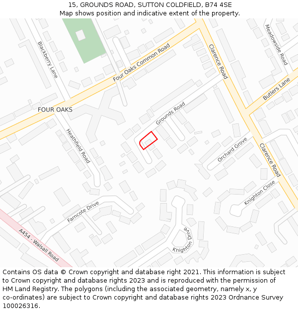 15, GROUNDS ROAD, SUTTON COLDFIELD, B74 4SE: Location map and indicative extent of plot