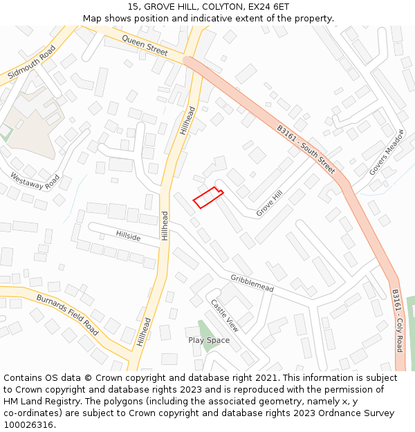 15, GROVE HILL, COLYTON, EX24 6ET: Location map and indicative extent of plot