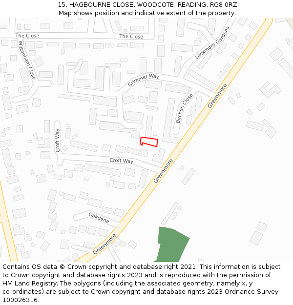 15, HAGBOURNE CLOSE, WOODCOTE, READING, RG8 0RZ: Location map and indicative extent of plot