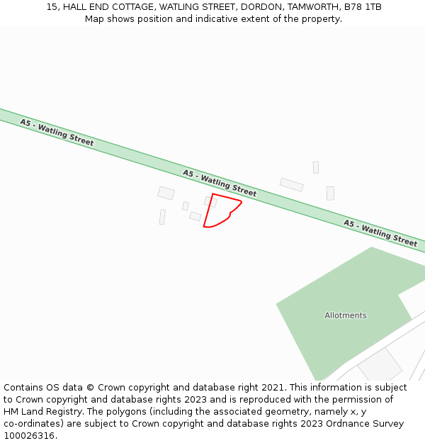 15, HALL END COTTAGE, WATLING STREET, DORDON, TAMWORTH, B78 1TB: Location map and indicative extent of plot