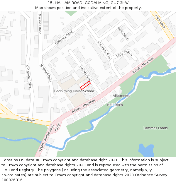 15, HALLAM ROAD, GODALMING, GU7 3HW: Location map and indicative extent of plot