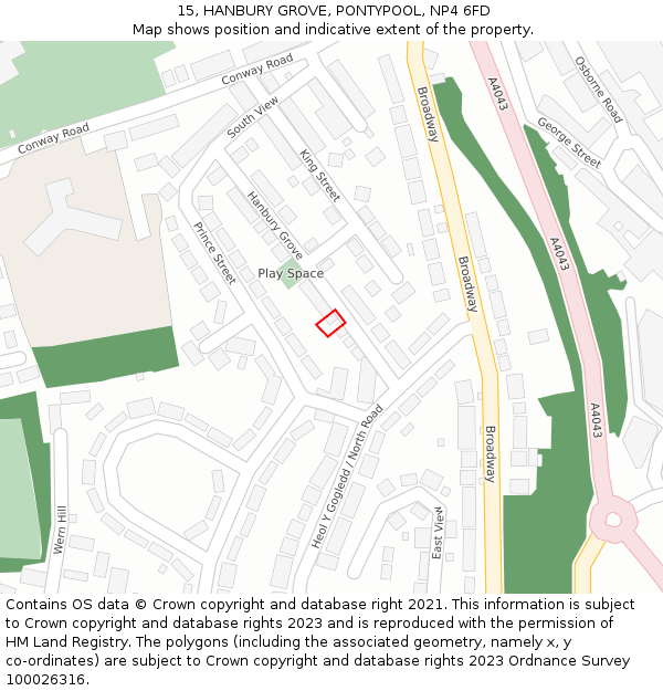 15, HANBURY GROVE, PONTYPOOL, NP4 6FD: Location map and indicative extent of plot