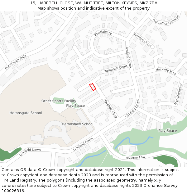 15, HAREBELL CLOSE, WALNUT TREE, MILTON KEYNES, MK7 7BA: Location map and indicative extent of plot