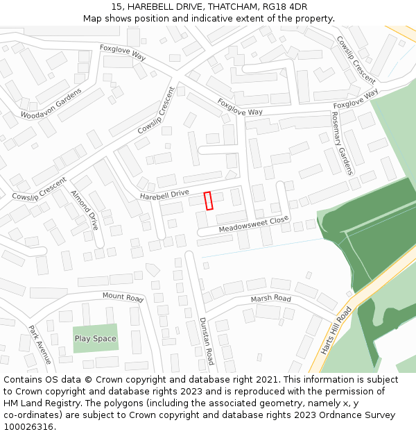 15, HAREBELL DRIVE, THATCHAM, RG18 4DR: Location map and indicative extent of plot
