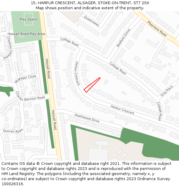 15, HARPUR CRESCENT, ALSAGER, STOKE-ON-TRENT, ST7 2SX: Location map and indicative extent of plot