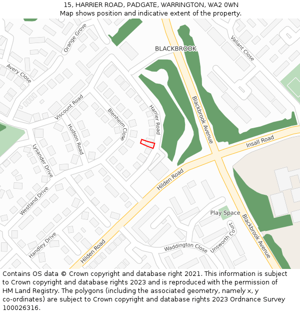 15, HARRIER ROAD, PADGATE, WARRINGTON, WA2 0WN: Location map and indicative extent of plot