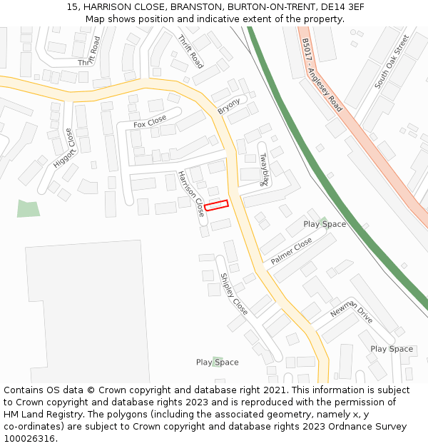 15, HARRISON CLOSE, BRANSTON, BURTON-ON-TRENT, DE14 3EF: Location map and indicative extent of plot