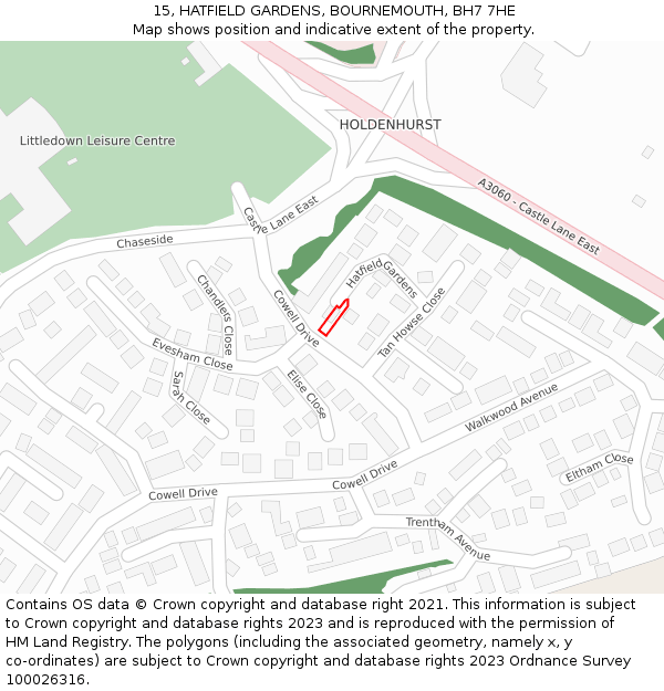 15, HATFIELD GARDENS, BOURNEMOUTH, BH7 7HE: Location map and indicative extent of plot