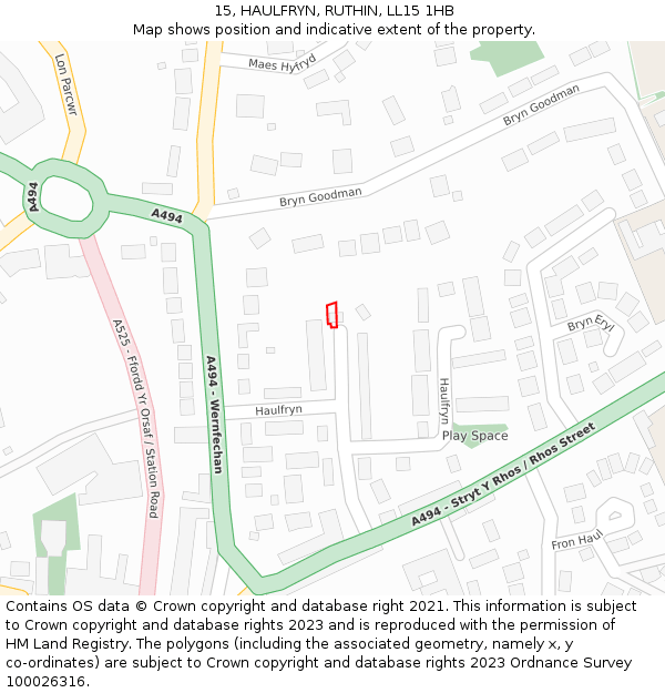 15, HAULFRYN, RUTHIN, LL15 1HB: Location map and indicative extent of plot
