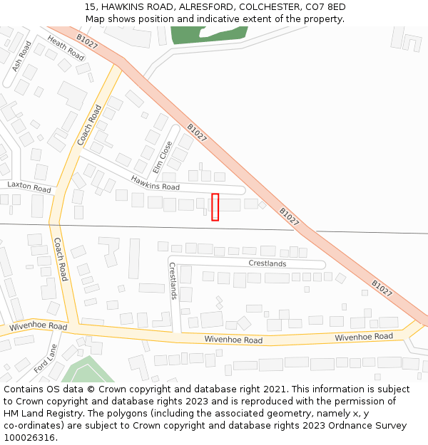 15, HAWKINS ROAD, ALRESFORD, COLCHESTER, CO7 8ED: Location map and indicative extent of plot