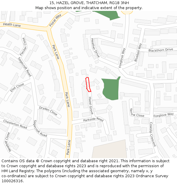 15, HAZEL GROVE, THATCHAM, RG18 3NH: Location map and indicative extent of plot