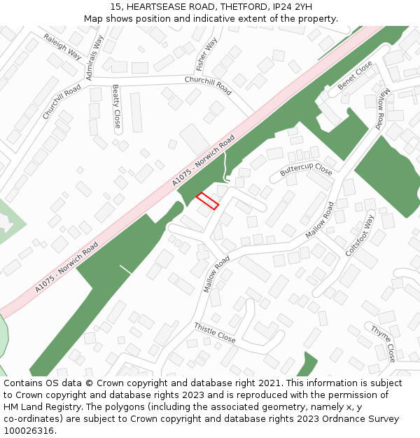 15, HEARTSEASE ROAD, THETFORD, IP24 2YH: Location map and indicative extent of plot