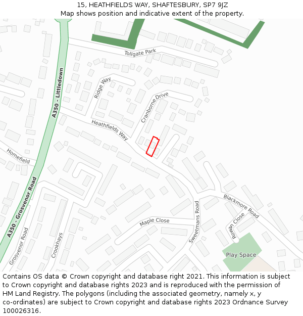 15, HEATHFIELDS WAY, SHAFTESBURY, SP7 9JZ: Location map and indicative extent of plot