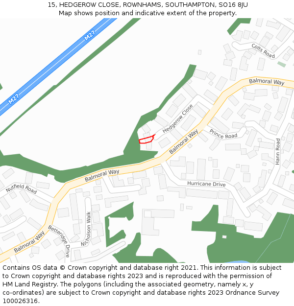 15, HEDGEROW CLOSE, ROWNHAMS, SOUTHAMPTON, SO16 8JU: Location map and indicative extent of plot