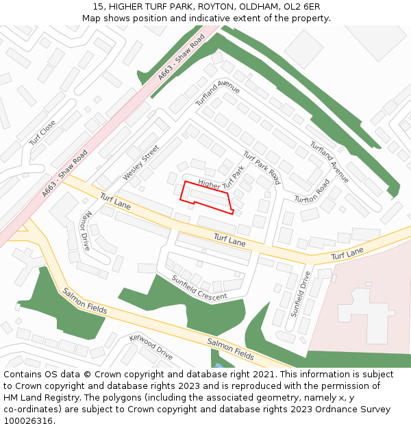15, HIGHER TURF PARK, ROYTON, OLDHAM, OL2 6ER: Location map and indicative extent of plot