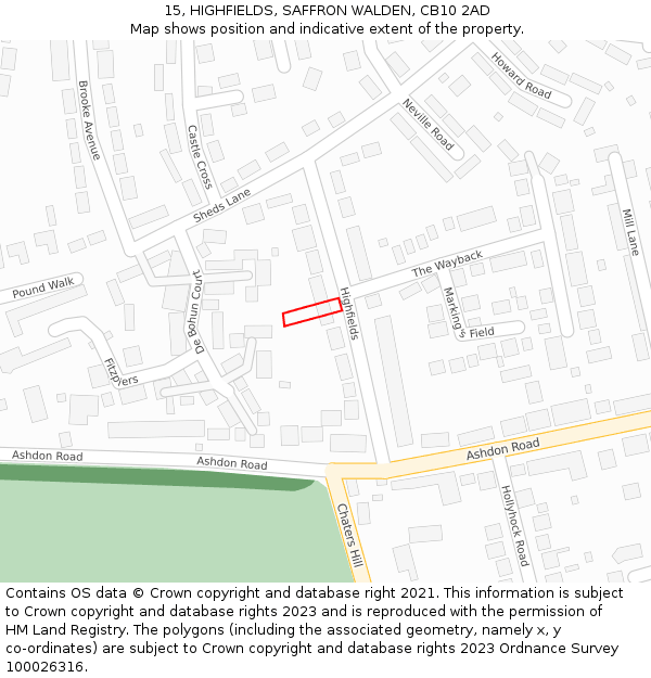 15, HIGHFIELDS, SAFFRON WALDEN, CB10 2AD: Location map and indicative extent of plot