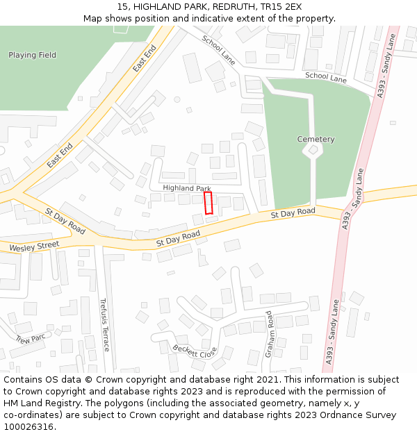 15, HIGHLAND PARK, REDRUTH, TR15 2EX: Location map and indicative extent of plot