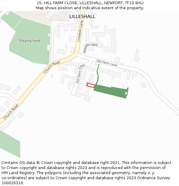 15, HILL FARM CLOSE, LILLESHALL, NEWPORT, TF10 9HU: Location map and indicative extent of plot