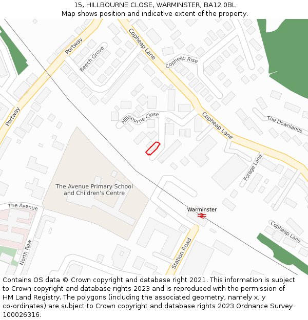 15, HILLBOURNE CLOSE, WARMINSTER, BA12 0BL: Location map and indicative extent of plot